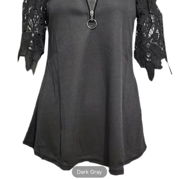 NWT 💋 CHARCOAL GRAY RIBBED COLD SHOULDER LACE SLEEVE ZIPPER BLOUSE TOP XXL - Picture 5 of 9